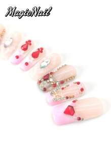 10 Pieces Of Pure Hand-Pressed Wearable Nails, Press On Nails,Nail Supplies,Nails Ptess On,Beach Essentials,33mm Square Nail Pieces, Pink And White Contrasting Colors, 3D Gold Diamond Butterfly Ornaments