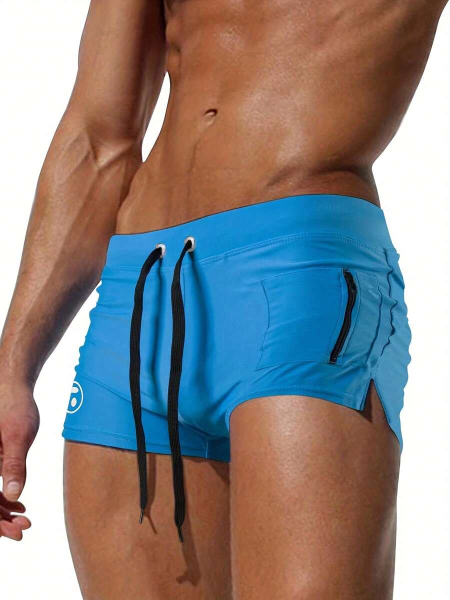 大码男士性感泳裤，带前口袋拉链，沙滩短裤，泳装 - 寶藍色 - 查看 1