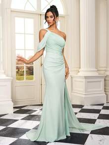 Green Sexy Off-Shoulder Evening Gown, Romantic Wedding Guest Bridesmaid Party High Slit Asymmetrical Dress - Mint Green - View 5