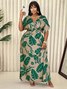 BIUBIU 大码女式热带植物印花蝙蝠袖休闲连衣裙，花卉图案随机 - 灰底綠花 - 查看 4