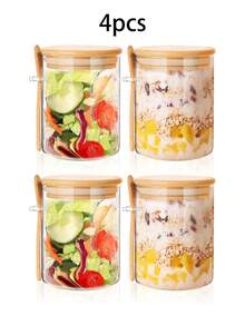 1pc/2pcs/4pcs 500ml 16.9oz Glass Jars,Overnight Oats Containers With Lids,Kitchen Glass Canisters,Glass Storage Container Airtight Food Jars With Wood Lids And A Spoon,Wide Mouth Pantry Clear Glass Jar For Flour, Sugar, Cookie,Nuts,Coffee,Biscuits,Herbs,Honey,Milk Powder,Dried Fruit,Matcha,Salt,Oats,Tea-Leaf,For Kitchen,Restaurant,Outdoor,Food Store,Party,Picnic, Refrigerator Storage
