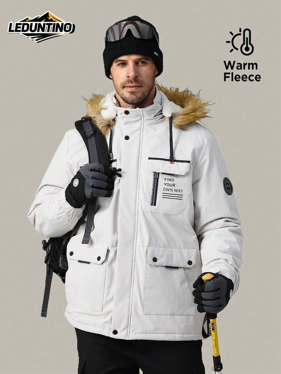 LEDUNTINO Jaqueta esporte casual com zíper, grosseira e forrada, masculina, quente, sólida, em vinho ou verde, presente para namorado, com impressão de letras para o inverno e outono, capuz removível, multi-bolsos, corta-vento, para primavera e outono