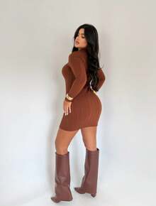 Premium Irregular Dress Long Sleeve Ribbed Vintage Elegant Sexy Boho Women's Fashion Winter - 鏽棕色 - 查看 4