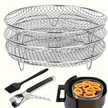 1 Set Stainless Steel Air Fryer Accessories - Round Rack, Steam Rack, Dehydrator Rack, Grill Basket And Overflow Filter - Ideal For Healthy Cooking, Multi-Layer Cooking Solution, Stainless Steel