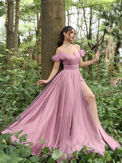  Faeriesty Luxe 优雅露肩网纱晚礼服，高开衩设计 | 适合正式晚宴、森林绿婚礼和盛大舞会