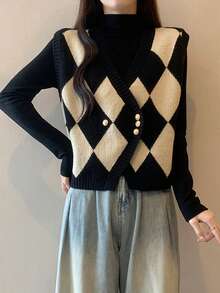 Alicedudu Women's Autumn/Winter Argyle V-Neck Cardigan Vest - Black and White - View 6
