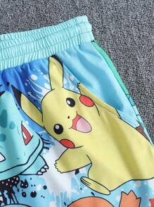 pokemon Pantalones cortos de verano informales para hombres con estampado de dibujos animados y cordón a la cintura