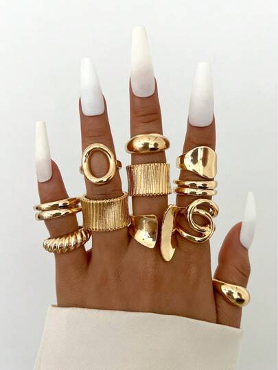 11pcs Women Elegant Luxurious Wide Flat Gold Color Open Ring Set