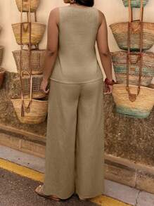 Plus Size Women Summer Simple Solid Color Tank Top And Button Fly Wide Leg Pants 2 Pieces Set