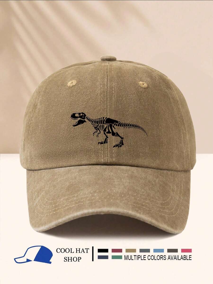 1 Pc Retro Line Dinosaur Print Washed Summer Sun Hat, Vintage Hipster Snapback Cap, Adjustable Brim Sun Protection Hat For Men And Women - Washed Cap - View 1
