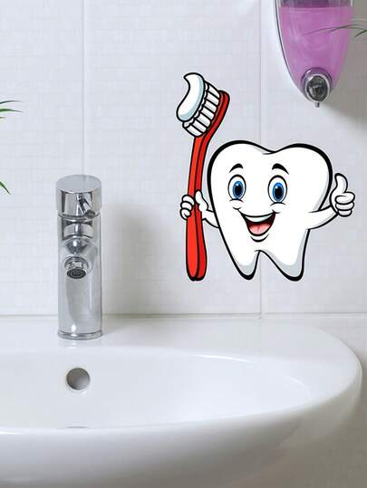 1 件可爱牙齿牙刷乙烯基墙贴现代 PVC 自粘牙科诊所护理墙贴卡通牙医墙壁艺术贴纸一次性可移除牙齿装饰墙贴适用于浴室和淋浴房卧室客厅装饰
