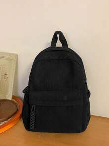 女士纯色灯芯绒针织拉链闭合中号背包。轻盈柔软，适合日常休闲使用。可用作小学生书包、购物袋或旅行包。 - 黑色 - 查看 6