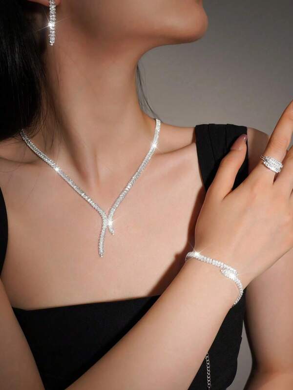4pcs Fashion Silver Plating Rhinestone Party Jewelry Set