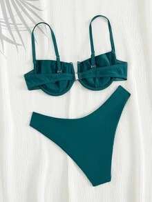 Nuovo set da bikini alla moda e sexy da donna con reggiseno con ferretto e tinta unita