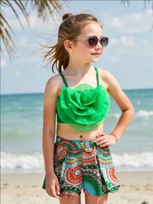 2pcs Young Girl Fresh Green Strap Top And Shorts Outfit - Multicolor - View 3