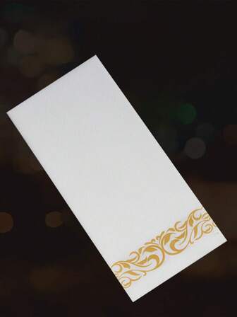 25 sztuk Jednorazowych Serwetek Tkaninowych Złoty Wzór Z Wbudowaną Kieszonką Na Zastawę Stołową, Wesele. Biała Serwetka Teksturowana Lniana Wstępnie Składana, Nadaje Się Na Wesela, Festiwale, Urodziny I Dekoracje Stołów