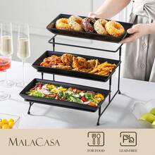 MALACASA 3 Pieces Ceramic Serving Plate Set, Black Poreclain, Serving Platters And 3-Tier Holders, Large Serving Platters And Tray Rack, Rectangular Serving Trays, 12 Inch - Black - View 5