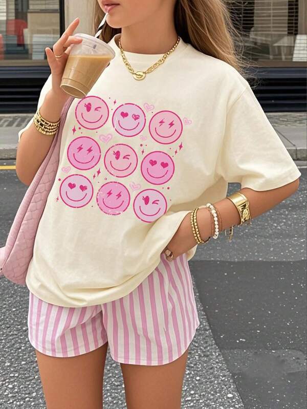 1pc Tween Girl Heart & Graphic Print Short Sleeve T-Shirt, Comfortable & Fashionable Summer Top