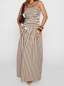 Women Tube Top Maxi Dress Elegant Sleeveless Strapless Ruched Flowy Dress Summer Long Wedding Party Cocktail Dresses - Multicolor - View 2