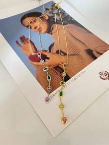 1pc Versatile High-Quality Colorful Zirconia Long Pendant Necklace, Suitable For Women Everyday Wear