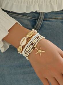 7 pièces/set Bracelet à pendentifs style bohème avec perles de coquillages et étoiles de mer pour femmes