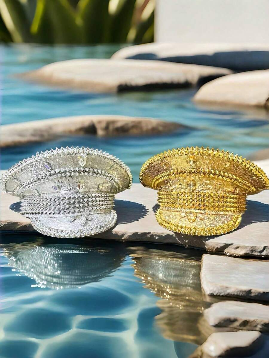 1pc Shiny Vintage Cute Elegant Street Style Polyester (Polyester) Holiday Rhinestone Sequin Sailor Cap Army Cap For Festival, Birthday Party, Anniversary, Graduation Party, Theme Party, Back To School, Summer Music Festival, Burning Man Celebration - Multicolor - View 1