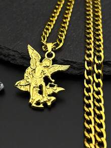 St. Michael Protect Us Stainless Steel Pendant Necklace, Unisex Gold Color Chain - Star - View 12