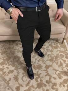 Men's Business Casual Pants, Elastic & Breathable Fabric, Crown Embroidered, Suitable For Summer