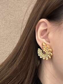 1 件奢华复古纹理水钻孔雀羽毛耳环，时尚优雅复古耳环适合女性日常、派对、节日穿着、礼物（注意：由于生产批次不同，可能会存在一些颜色差异） - 金色 - 查看 3