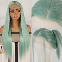 Long Silky Straight Synthetic Lace Front Wigs Light Green Color Hair Replacement Wig Glueless 13x4 Free Part HD Lace Pre Plucked Baby Hair Natural Hairline 26 Inch 180% Density Heat Resistant Fiber For Fashion Women Girls Daily Party Use Ready To Wear - 青碧色 - 查看 1