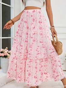 A-Line Ruffle Hem Skirt With Peach Rose Print, Unique Design High-End Quality, Suitable For Spring/Summer - Pink - View 3