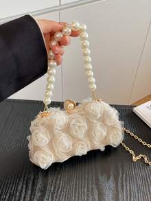 1pc New Fashion Women Clutch Handbag, Elegant Minimalist Solid Color With Rose Decor, Metal Clasp Closure, Pearl Chain, Sophisticated Design For Party, Wedding, High-End Quality