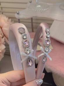 1/2pcs Glittery Geometric Bow Pattern Elegant Court Style Luxury Crystal Satin Foam Bow Crystal Hair Band Hair Accessories Romantic Sweet Girl High Crown Hair Hoop Polyester Fiber Headbands Hairband ,Head Piece Head Accessories