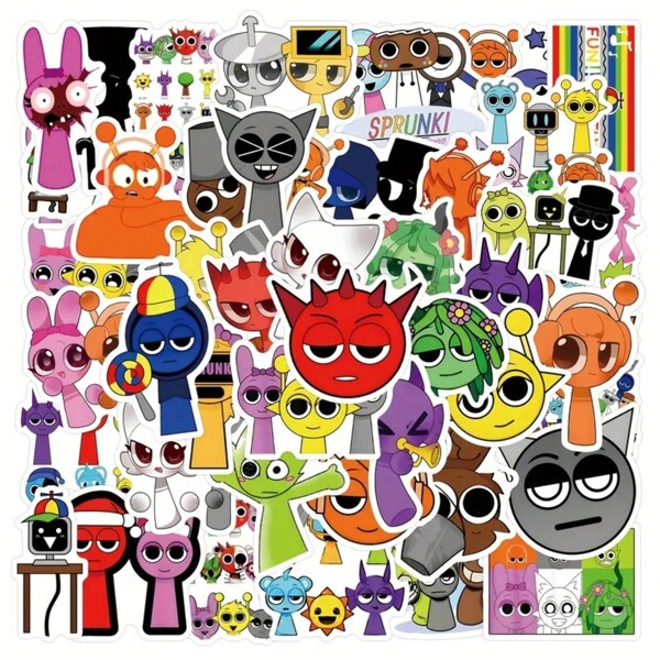 55pcs Sprunki Sticker Pack - Vibrant PVC Reusable Decals For Stationery, Water Bottles, Phones, Laptops, Suitcases, Fridges, Skateboards & Guitars - Whimsical Cartoon Characters With Exaggerated Features & Bold Colors,Ideal Birthday Gift - Party Gift - Holiday Gift - Back To School Gift(Random Style)