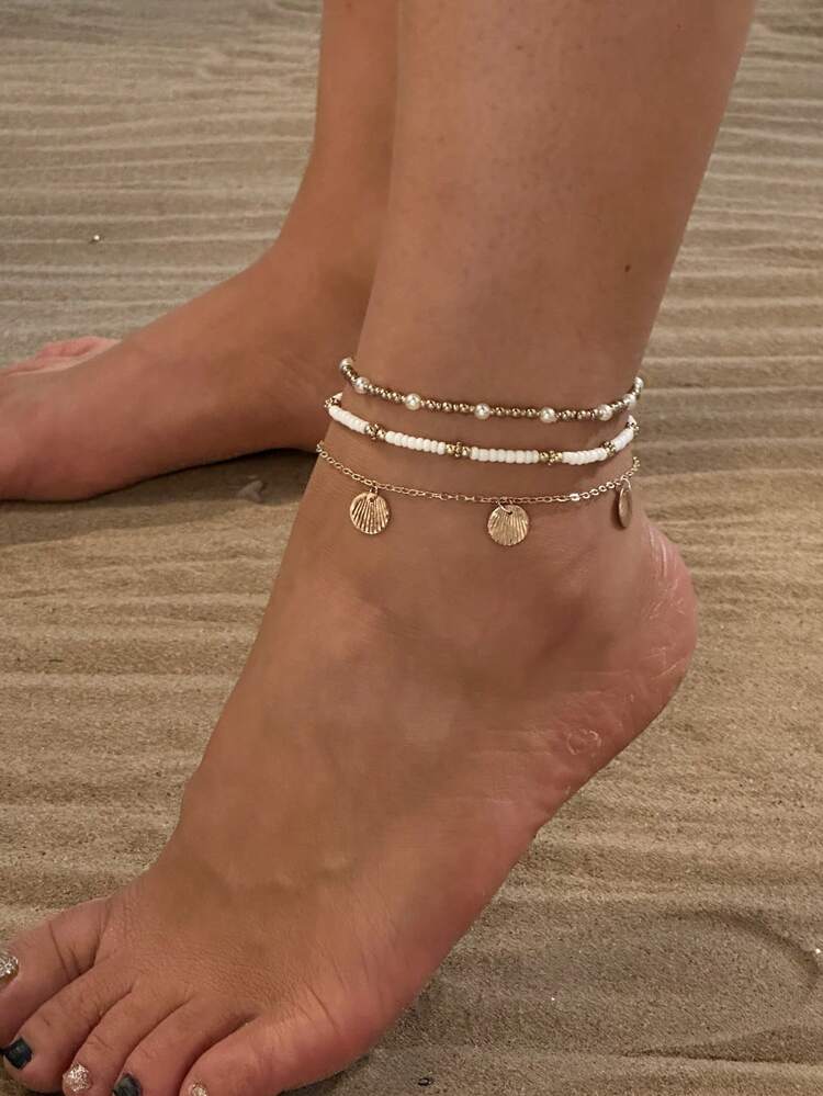 3 件套时尚高端个性化米粒仿珍珠珠、圆盘和流苏装饰多层脚链套装，适合海滩、派对、日常穿着、夏季礼物 - 三層圓片腳鍊 - 查看 2