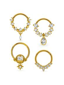 1/4 pièces Set d'anneaux de nez en acier inoxydable avec zircone cubique, boucle d'oreille et clou de nez minimaliste avec motif planète et goutte d'eau, accessoires unisexes