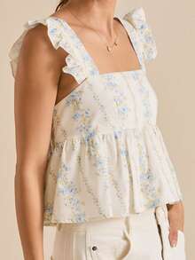 Women's Summer Floral Print Tank Tops Ruffle Cap Sleeve Bow Tie Backless Crop Top Square Neck Ruffle Hem Blouse Tops - 白色 - 查看 4