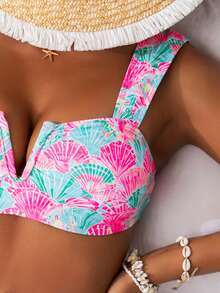 女士彩色贝壳印花深 V 领性感比基尼上衣、高腰修身三角泳裤、性感海滩度假泳装套装 - 彩色 - 查看 6