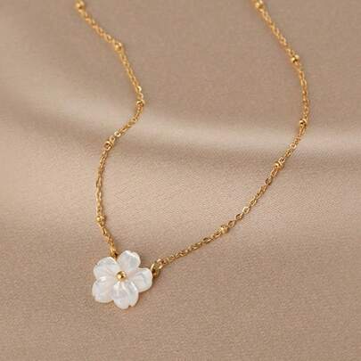 1pc Stainless Steel Delicate Peach Blossom Shell Flower Necklace, Elegant For Women, Suitable For Summer Beach, Daily Wear