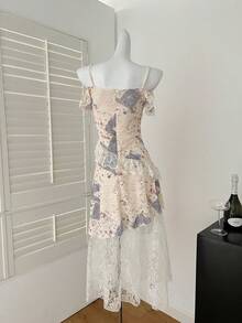 Vestido midi elegante francés con estampado y volantes en el bajo, adecuado para vacaciones, fiesta del té, temporada de bodas, atuendos de verano para mujer, vestido de graduación - Multicolor - Ver 10