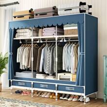 Komplett-Stahlrahmen-Garderobe mit Schublade, einfache Montage, stoffverstärkte Garderobe für Mietwohnungen, Schlafzimmer, doppelte Kleiderlagerung, Stoffgarderobe