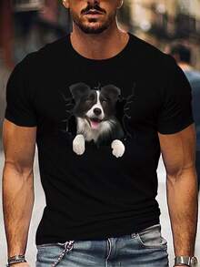 [Casual Soft Stretch Round Neck Tee] Men's Casual Cute Pet Print T-Shirt - Soft Stretch Fabric, Round Neck, Short Sleeve - Perfect For Summer Outings - Black - View 2