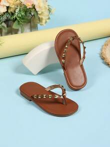 Fashionable Solid Color Open Toe Sandals, Breathable & Lightweight Suitable For Girls, Ideal For Spring And Summer - Brown - View 4