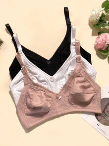 3件装简约纯色针织蝴蝶结装饰加大码女士舒适休闲运动文胸