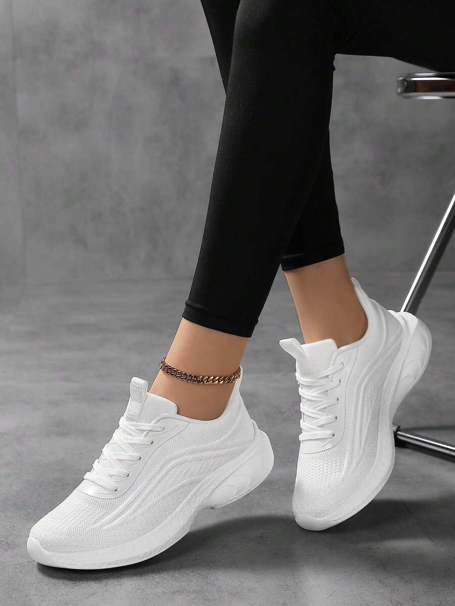 New Women Versatile Lightweight Mesh Breathable White Sneakers, Women's Sports Shoes, Women's Fashion White Running Shoes, Student Jogging Shoes, Women's Comfortable Travel Shoes, Women's Minimalist Lace-Up White Shoes, Women's Soft Bottom Training Shoes, Women's Pure White Shoes, Women's White Fitness Shoes, Women's Road Running Shoes, White Retro Sports Shoes - All White - View 1