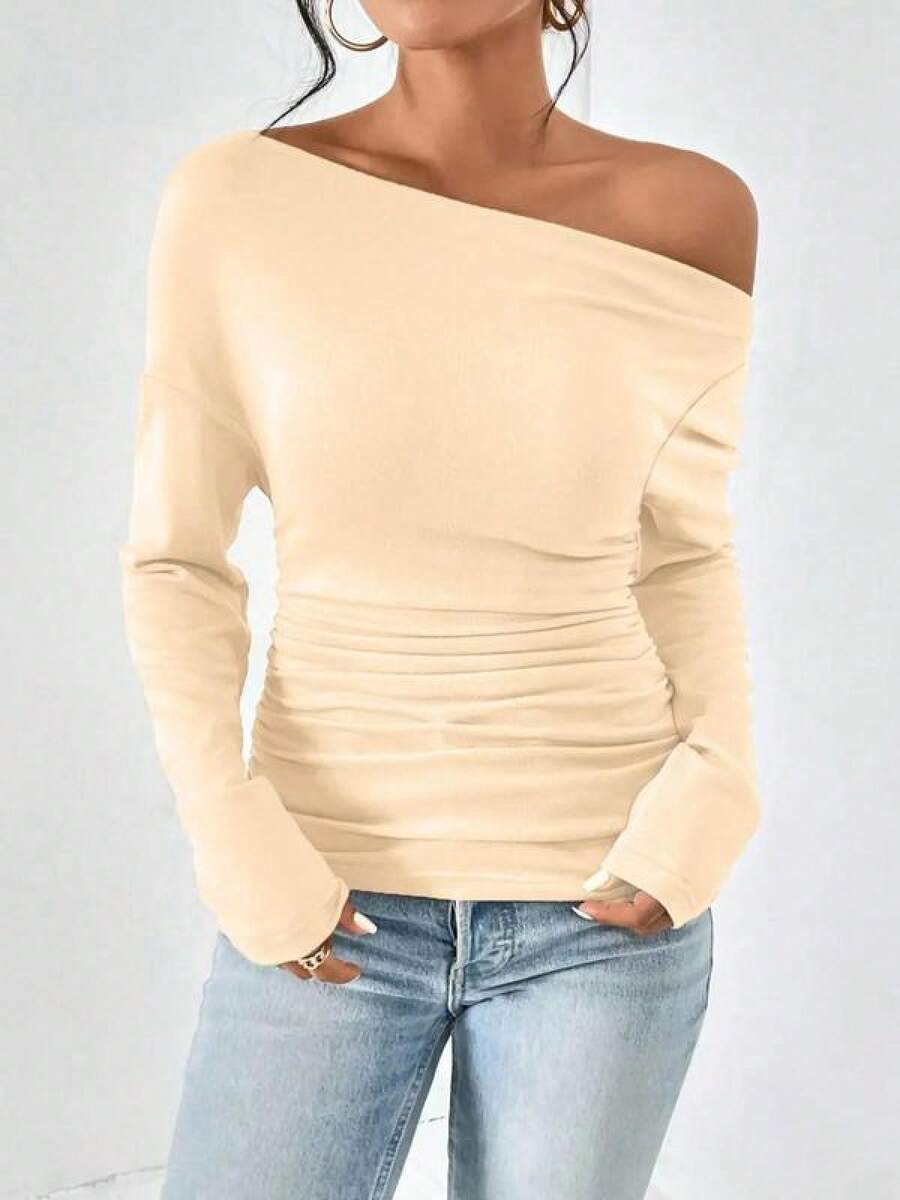 Women's Plain Minimalist Basic Ruched Asymmetrical Neck Drop Shoulder Tee, Elegance Mufti Clothes, Fall Long Sleeve T-Shirt For Everyday, Back To School T Shirts, Lady Clothes For Streetwear, Womenswear, Casual Wear - 杏色 - 查看 1