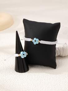 2pcs Set Handmade Woven Floral Ring And Bracelet, Fashionable And Elegant Design Suitable For Women's Daily & Holiday Wear