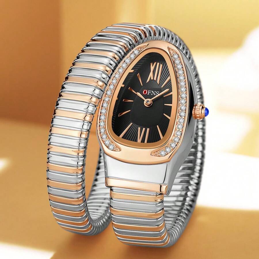 Women's Watches Snake Shape Diamond Watch For Women Luxury Ladies Gold Watch Analog Quartz Watch With Flexible Alloy Strap - Rose Gold Black - View 1