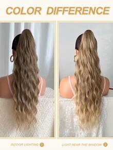 26英寸长波浪棕色和金色合成耐热马尾假发，带抽绳可调节长度，打造女性卷曲波浪马尾造型 - 漸層 - 查看 9