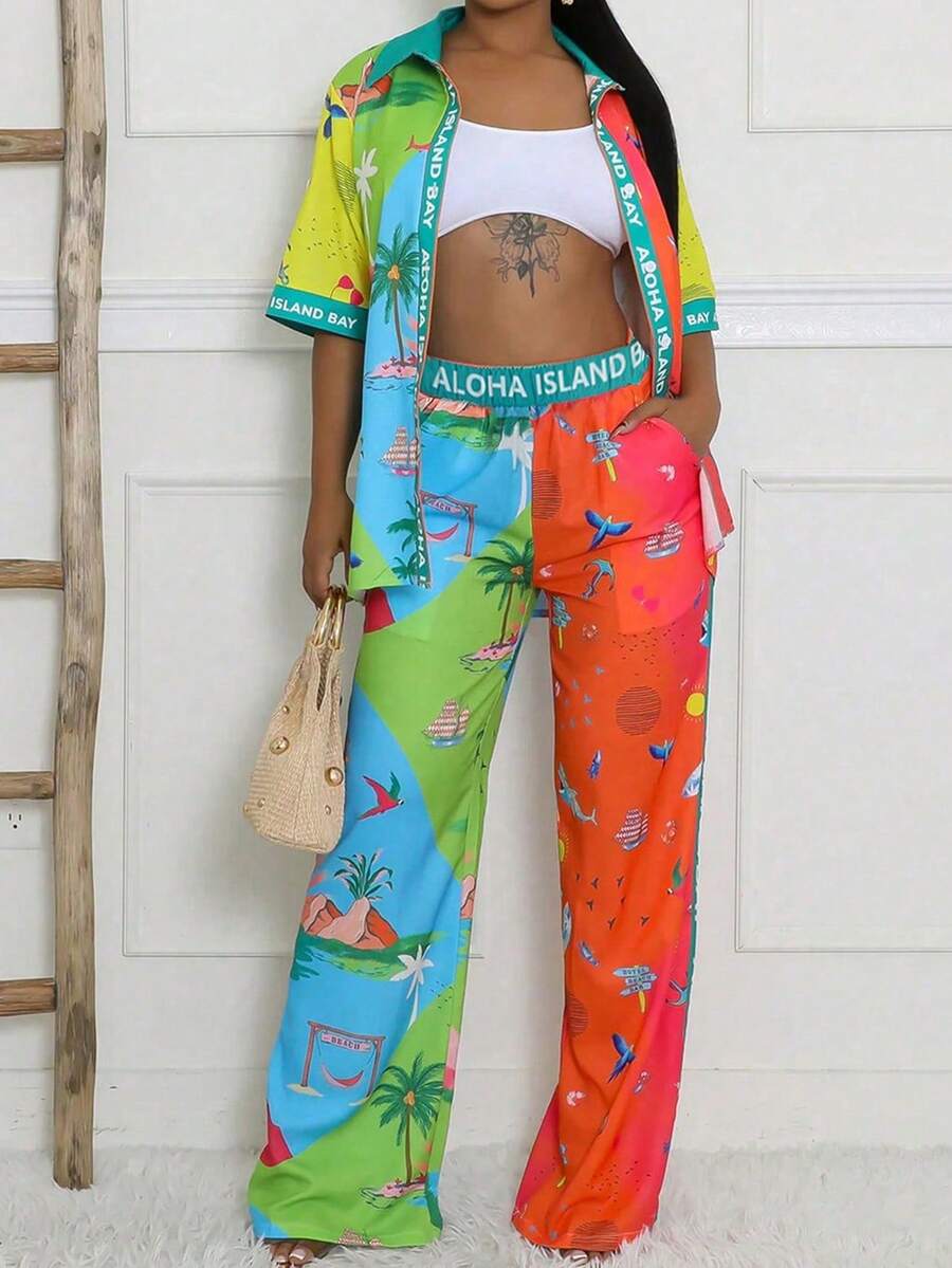 Women's Colorful Printed Two-Piece Set, Casual Short Sleeved Shirt&Wide Leg Pants Suitable For Vacation&Beach ﻿